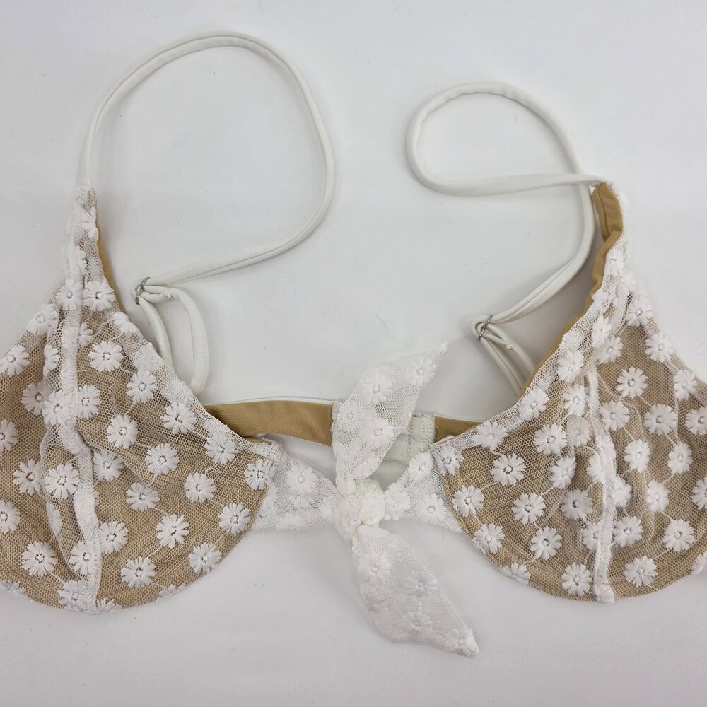 LPA White Daisy Lace Mesh Bikini Top Size L- Floral‎ Applique Triangle Swim Top